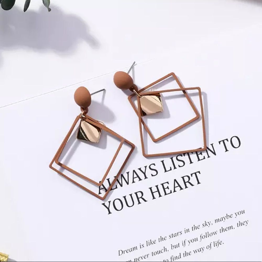 Brown & Gold Square Drop Earrings